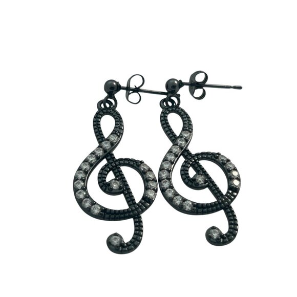Treble Clef Earrings Music Note Black Metal Rhinestones Artistic Teacher Gift - Picture 2 of 6